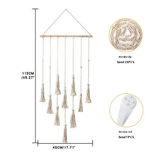 Wooden wall hanging photo display with hemp rope tassels and clips in three size options