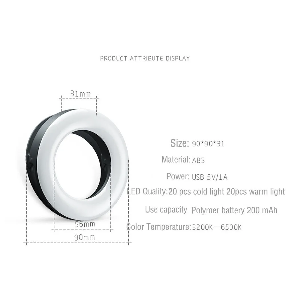 USB rechargeable selfie ring light with adjustable brightness settings for mobile photography