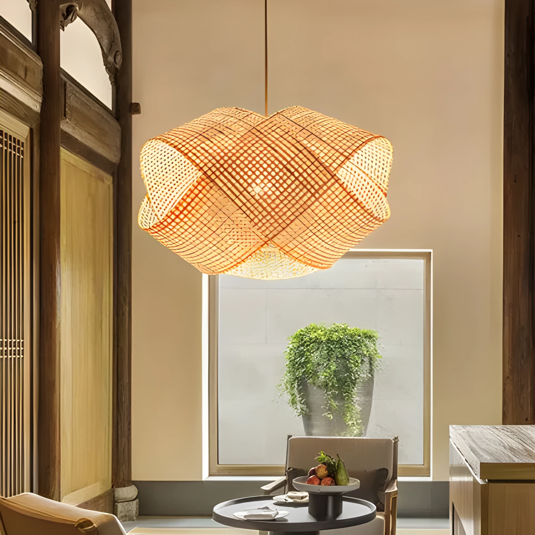 Rattan woven ceiling lamp in New Chinese style with adjustable height feature
