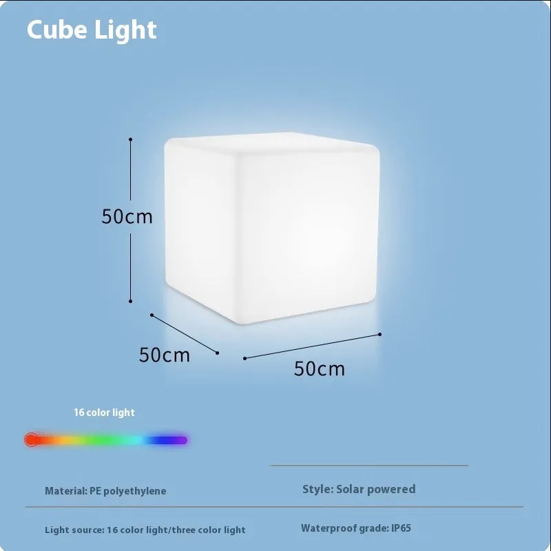 White square LED cube light stool on grass, showing modern design and waterproof build for outdoor use.