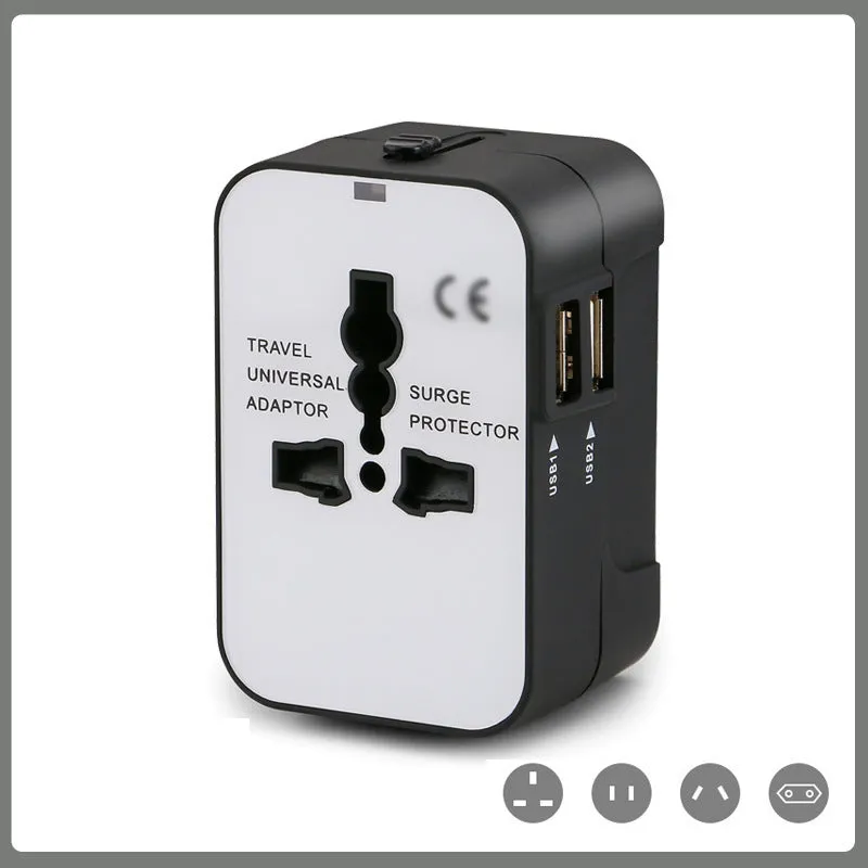 Universal travel adapter plug with USB charging port for international power conversion