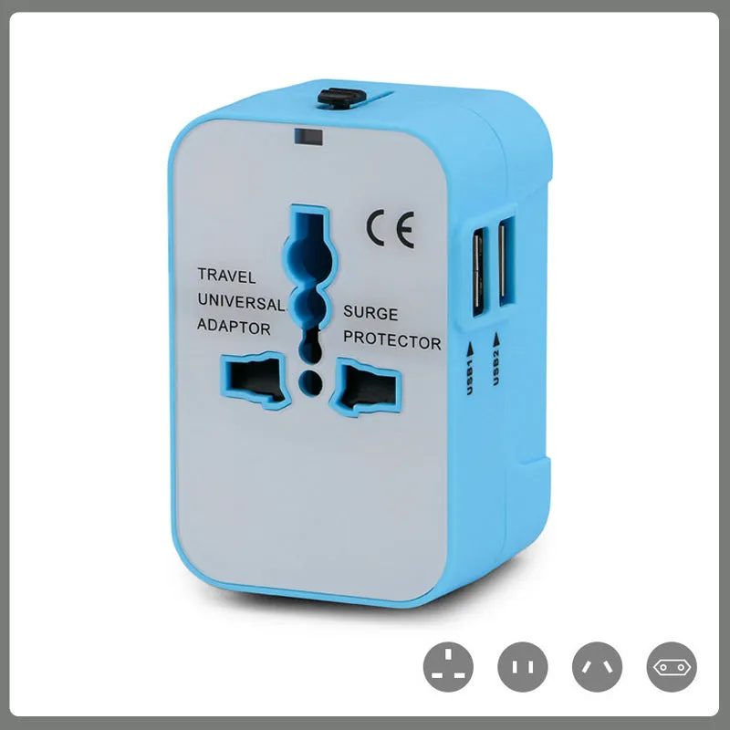 Universal travel adapter plug with USB charging port for international power conversion