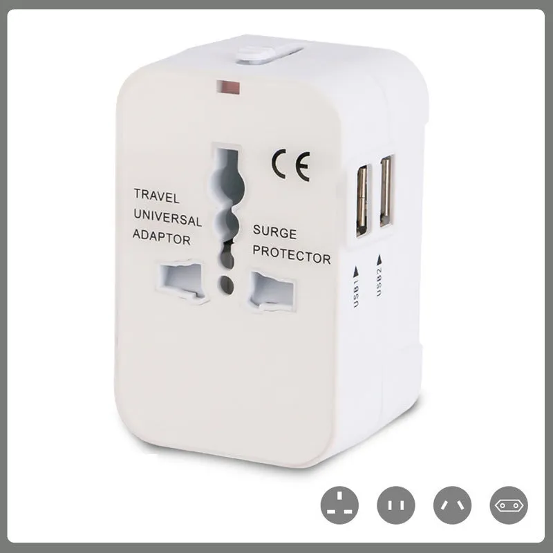 Universal travel adapter plug with USB charging port for international power conversion