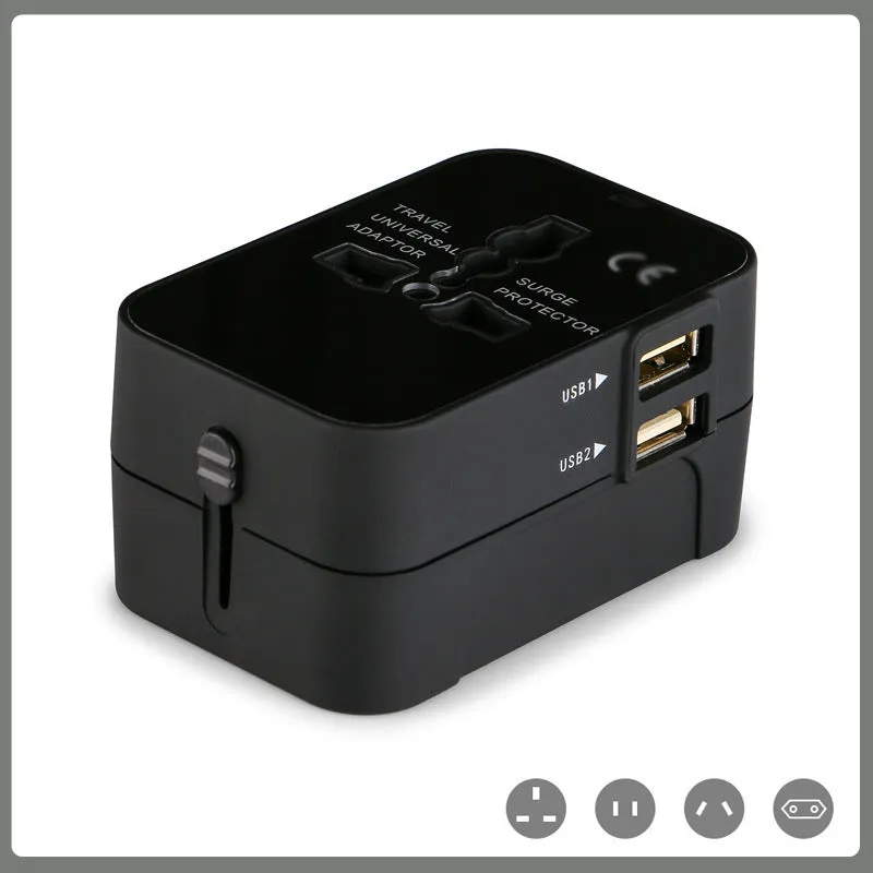 Universal travel adapter plug with USB charging port for international power conversion