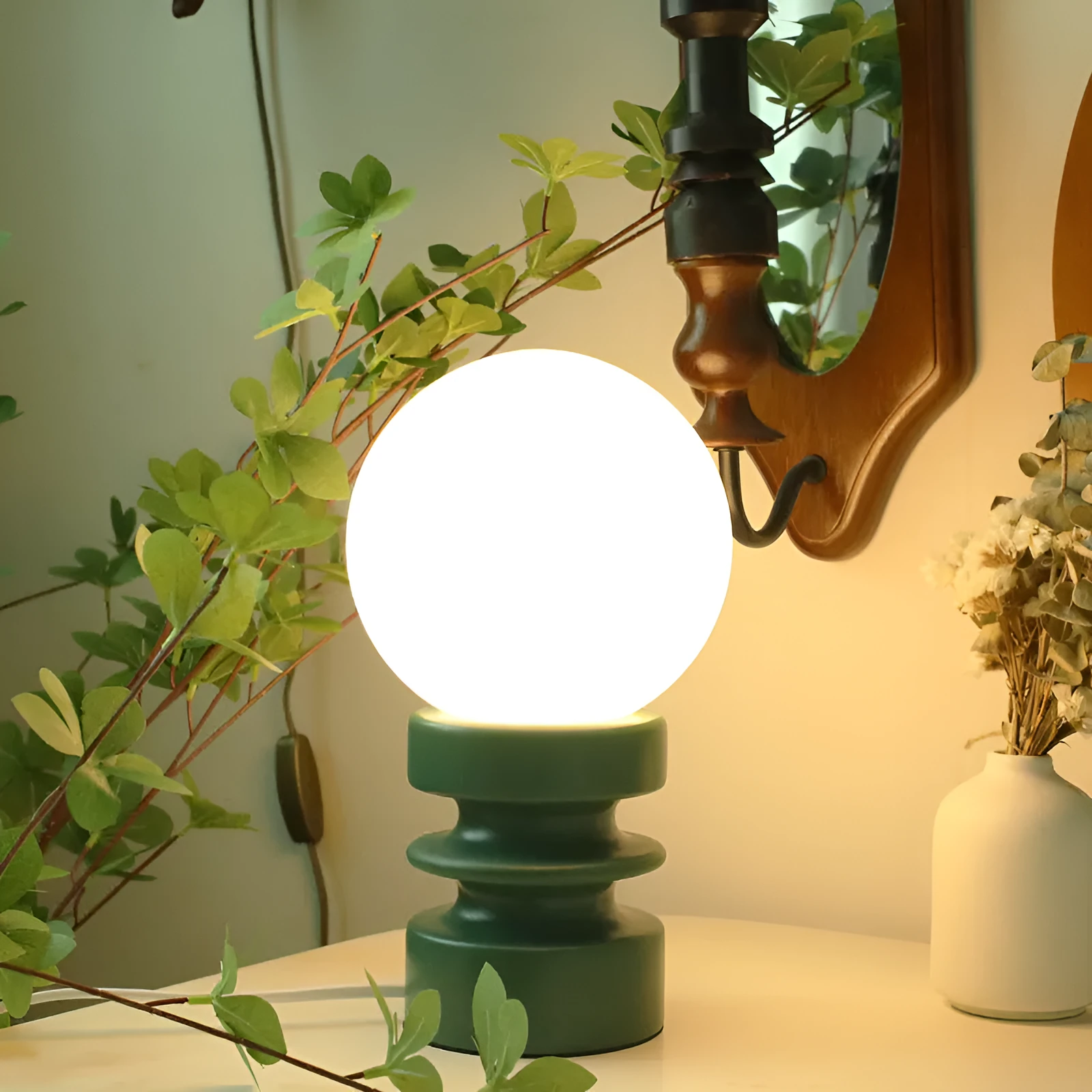 Solid wood base bedside lamp with milk glass lampshade in dark green, orange, or retro red finish.
