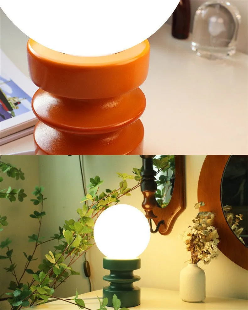 Solid wood base bedside lamp with milk glass lampshade in dark green, orange, or retro red finish.