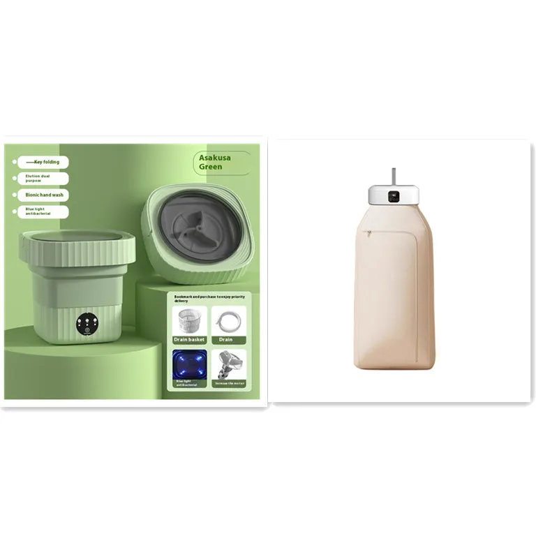 White cylindrical portable clothes dryer with remote control folded for storage