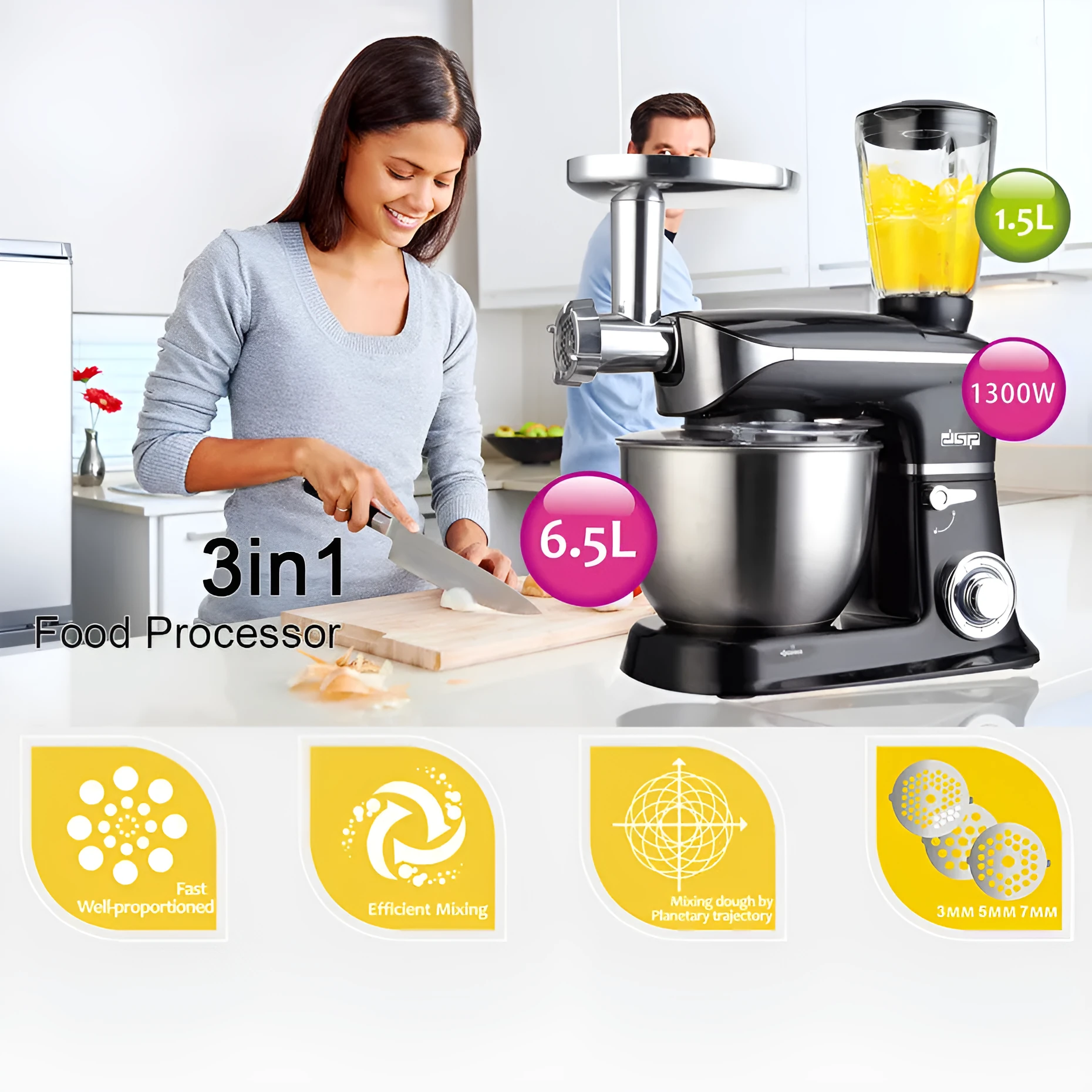 Black three-in-one household kitchen machine with juicer, dough mixer, and meat mincer functions on countertop