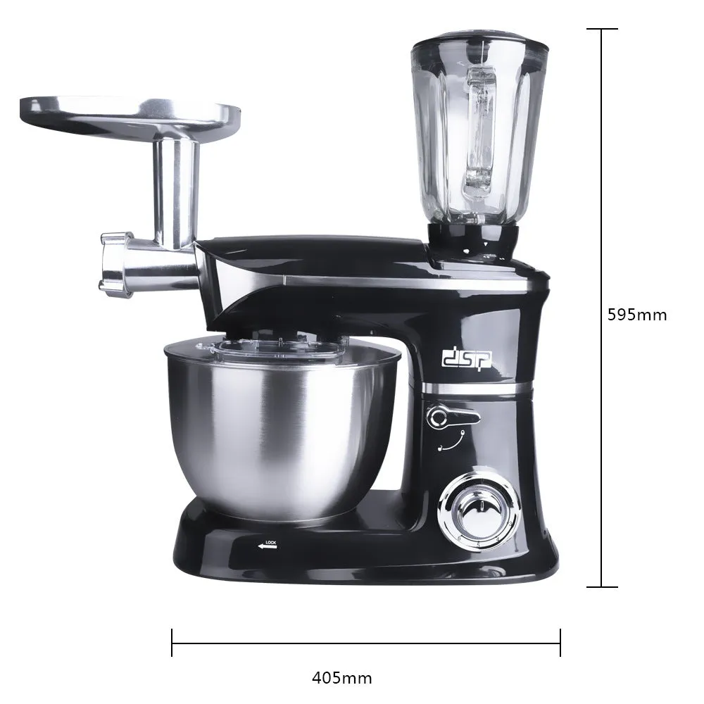 Black three-in-one household kitchen machine with juicer, dough mixer, and meat mincer functions on countertop