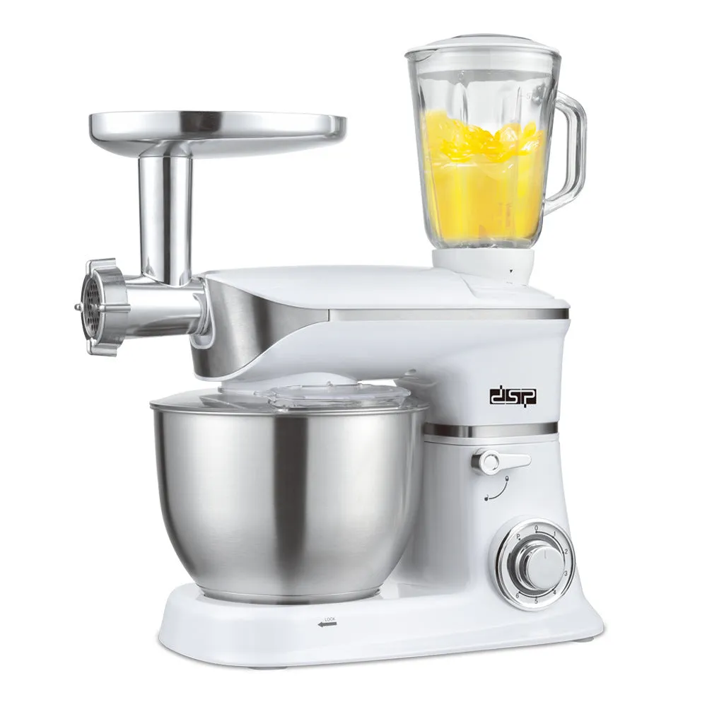 Black three-in-one household kitchen machine with juicer, dough mixer, and meat mincer functions on countertop