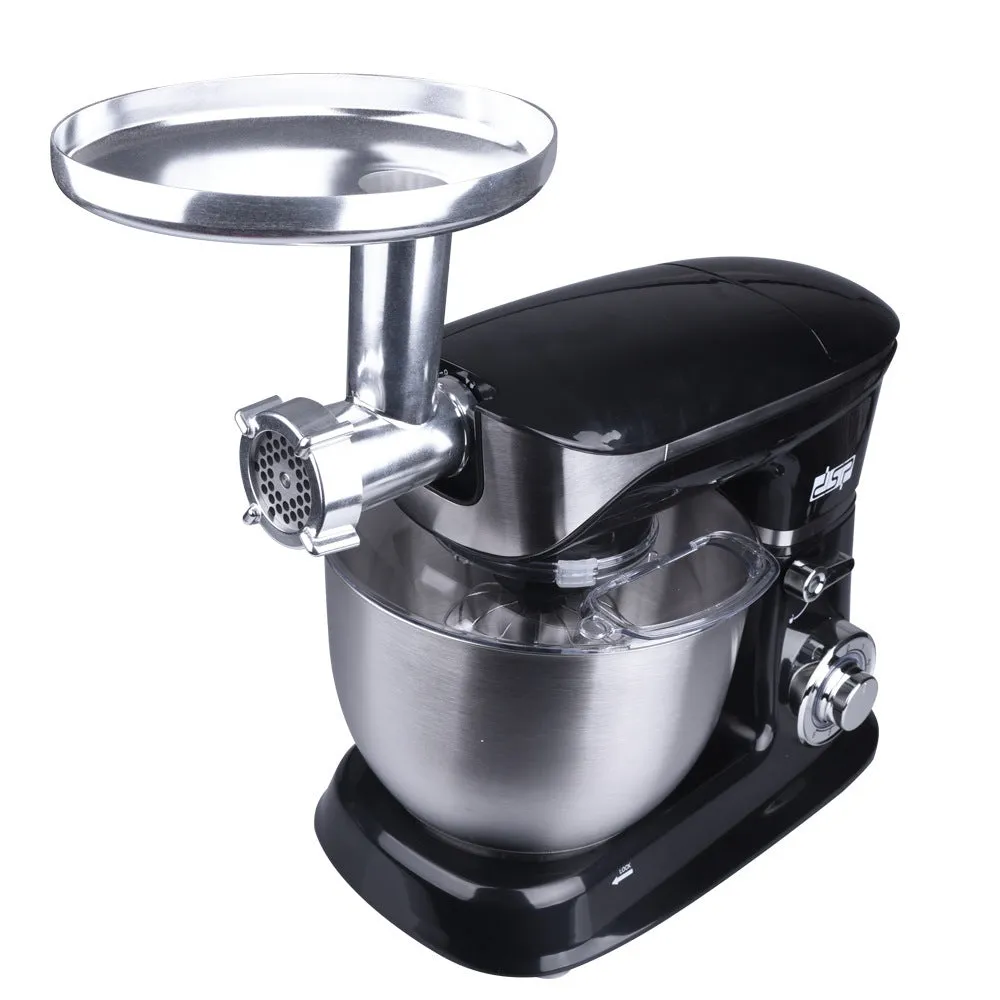 Black three-in-one household kitchen machine with juicer, dough mixer, and meat mincer functions on countertop