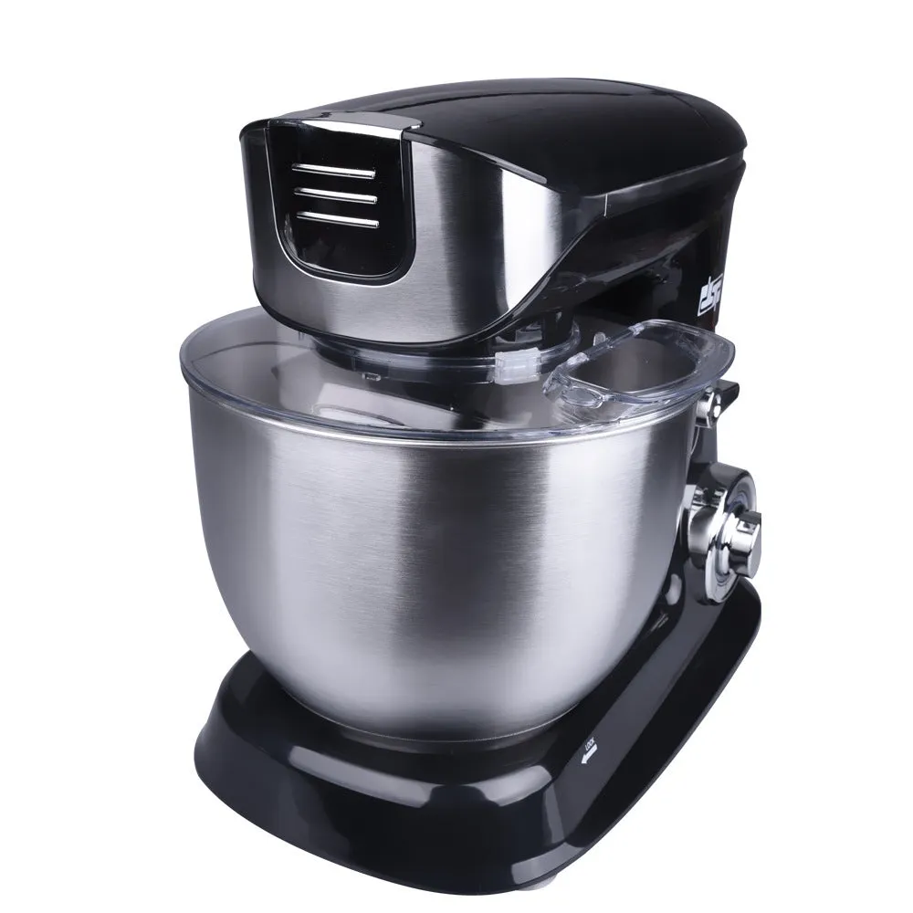 Black three-in-one household kitchen machine with juicer, dough mixer, and meat mincer functions on countertop