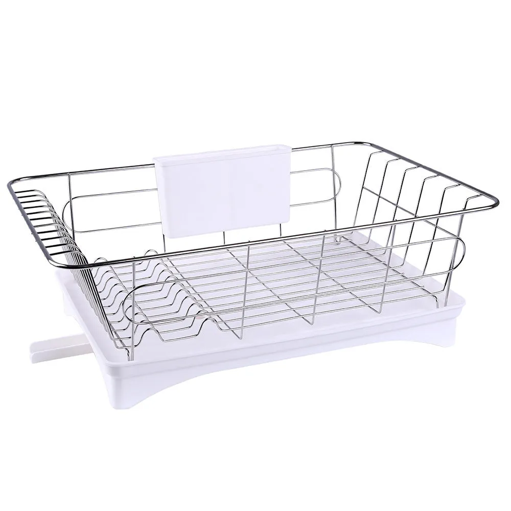 Black stainless steel counter top dish drying rack with plastic drain board and cutlery holder