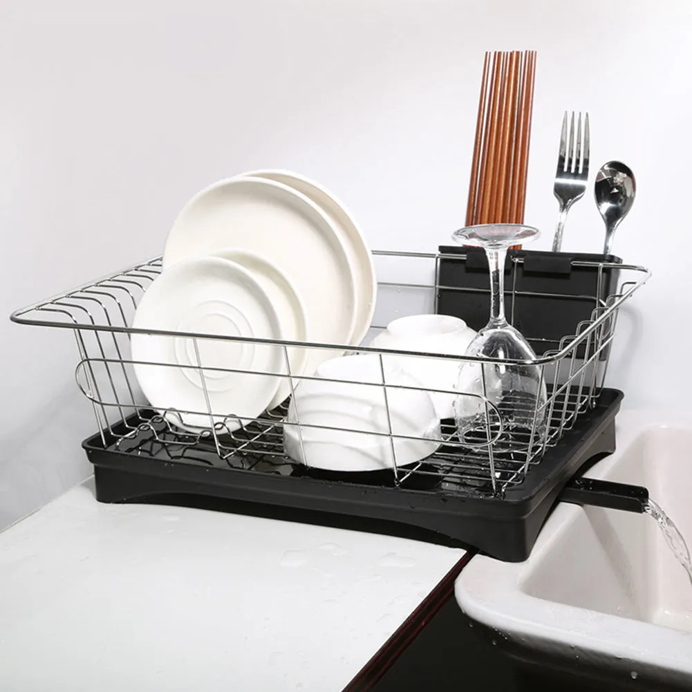 Black stainless steel counter top dish drying rack with plastic drain board and cutlery holder
