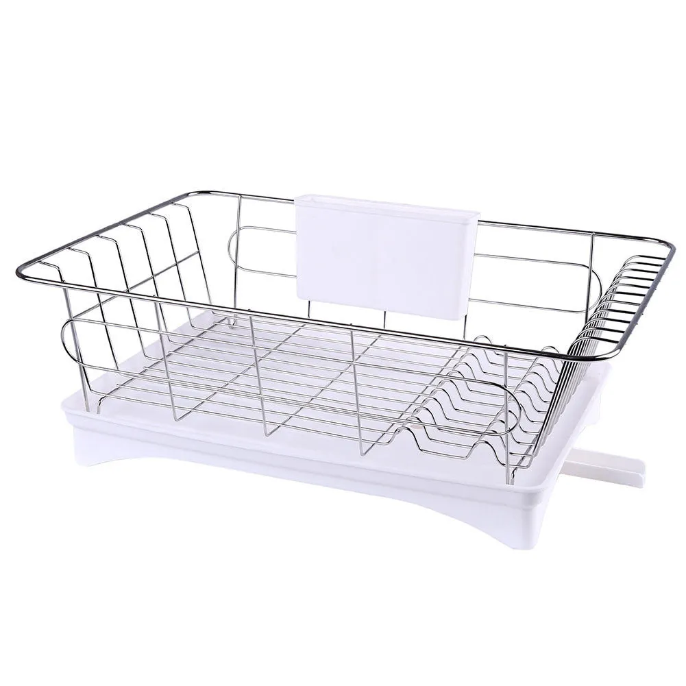 Black stainless steel counter top dish drying rack with plastic drain board and cutlery holder