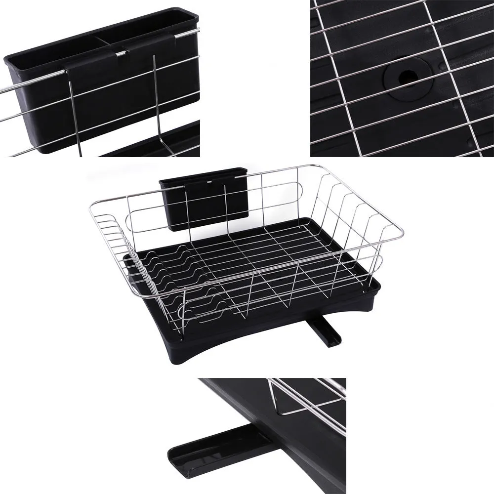 Black stainless steel counter top dish drying rack with plastic drain board and cutlery holder