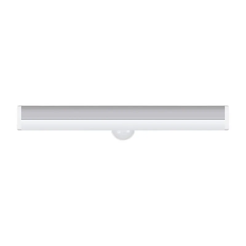 Black battery-powered LED strip light with motion sensor for cabinet or staircase installation.