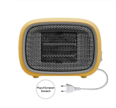 Compact green mini ceramic desk heater with metal grille, shown with dimensions.