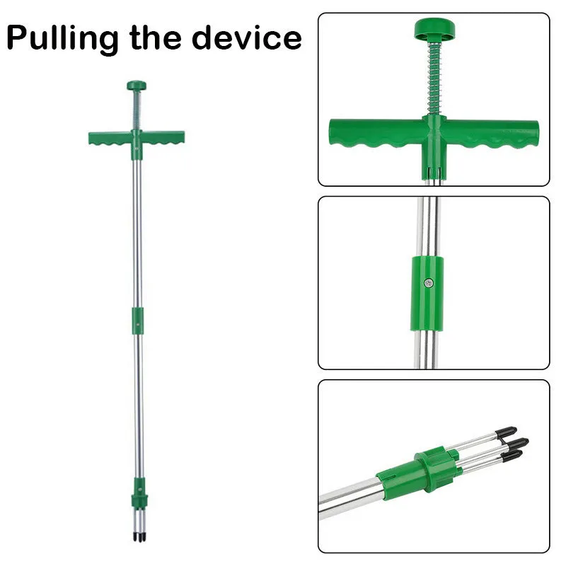 Green plastic long-handled garden weed puller with a hoe head.