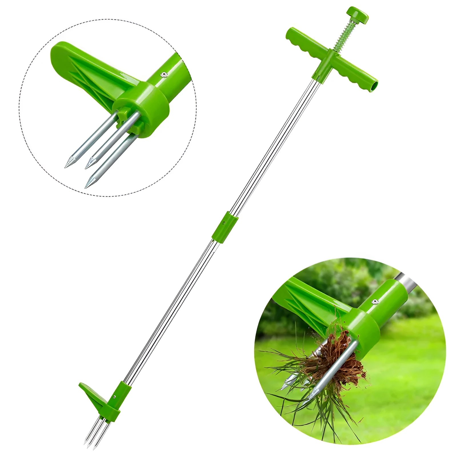 Green plastic long-handled garden weed puller with a hoe head.