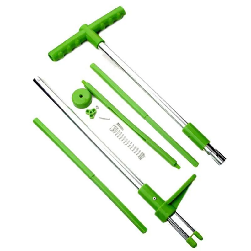 Green plastic long-handled garden weed puller with a hoe head.