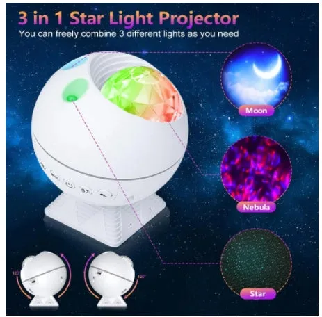 White spherical voice-controlled LED starry sky and galaxy projection lamp with USB cable.