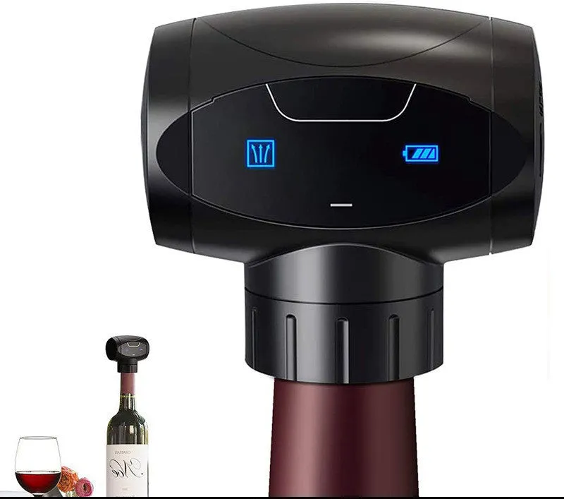 Black electric wine vacuum stopper with a separate manual pump for preserving red and white wine.