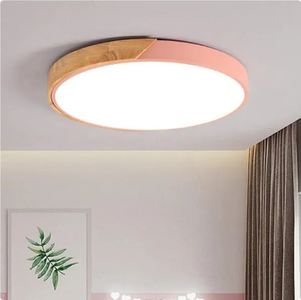 Round 30cm macaron LED ceiling light in seven colour options for bedroom illumination