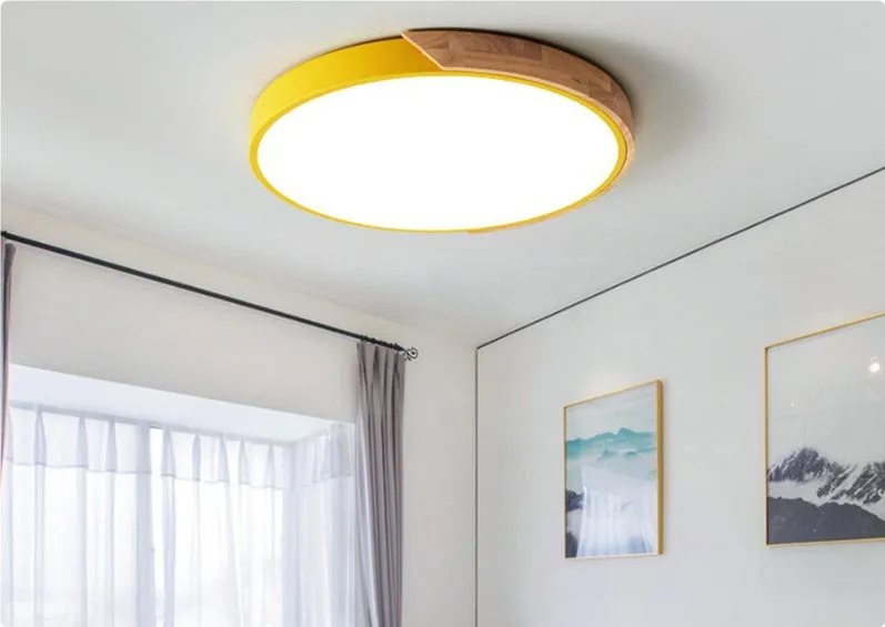 Round 30cm macaron LED ceiling light in seven colour options for bedroom illumination