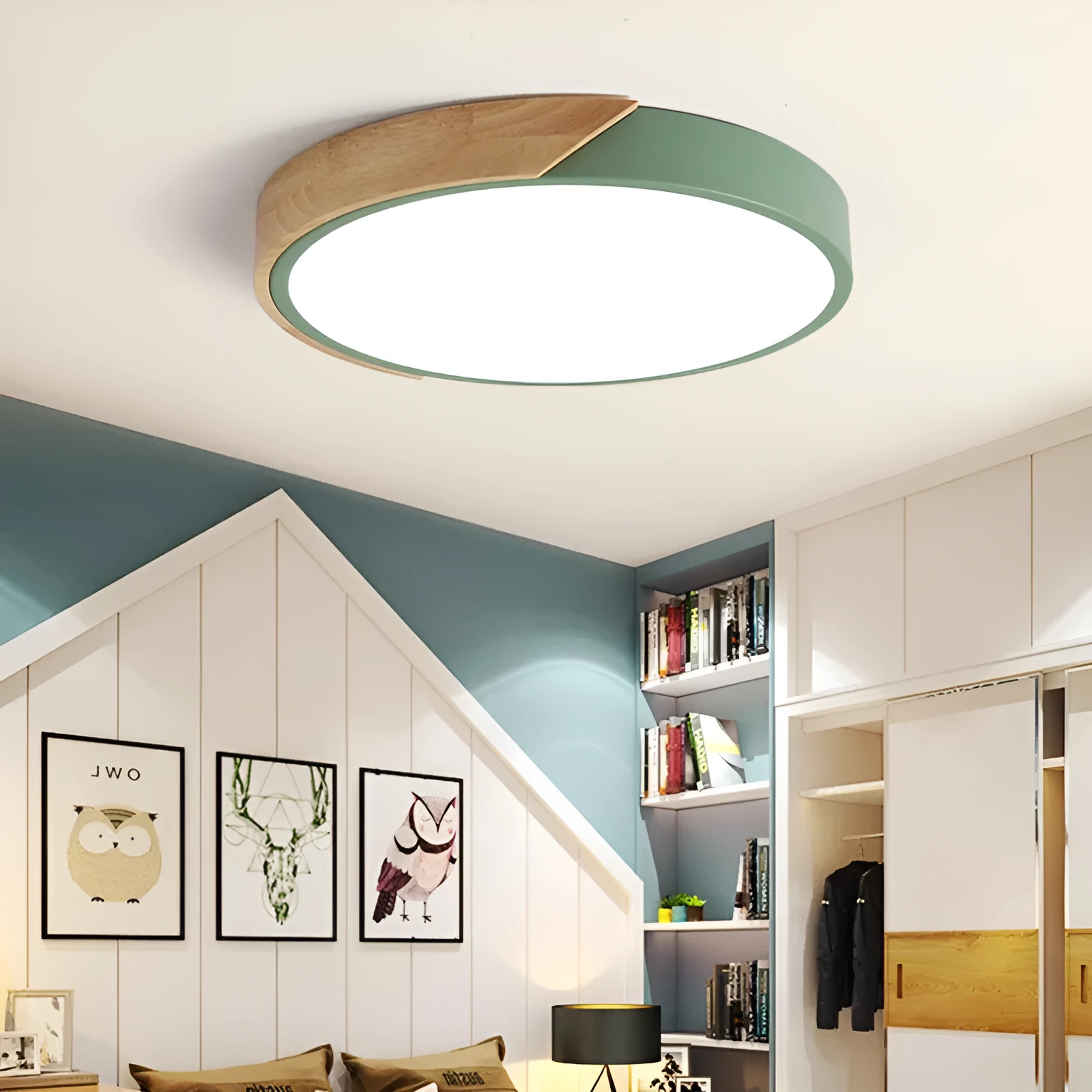 Round 30cm macaron LED ceiling light in seven colour options for bedroom illumination