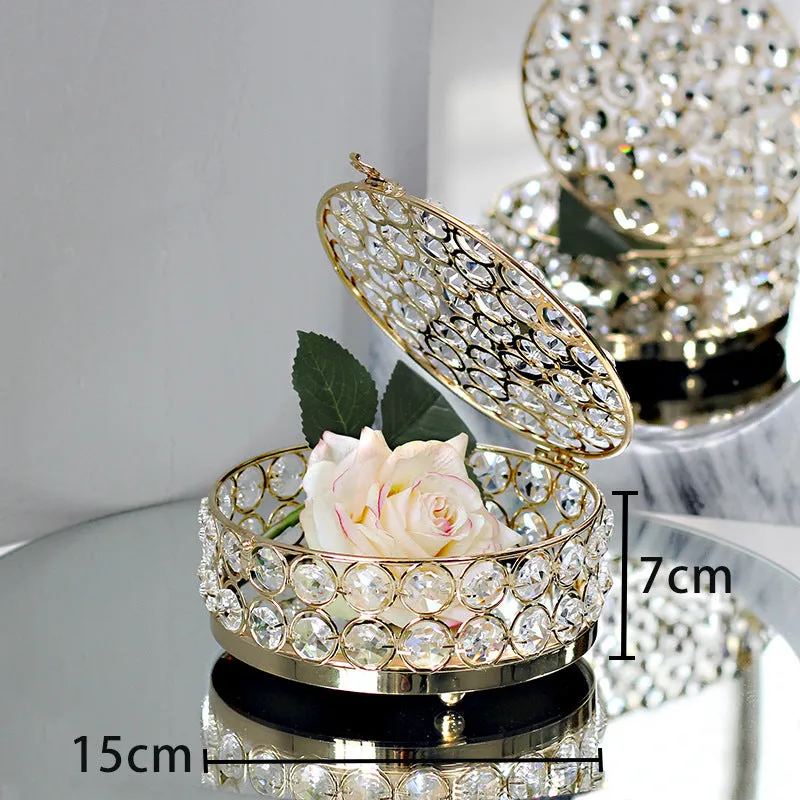 French gold metal jewellery box with transparent crystal glass panels showing jewellery inside