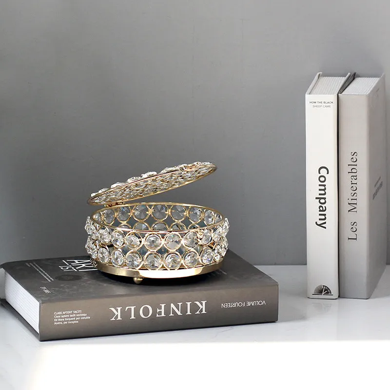 French gold metal jewellery box with transparent crystal glass panels showing jewellery inside
