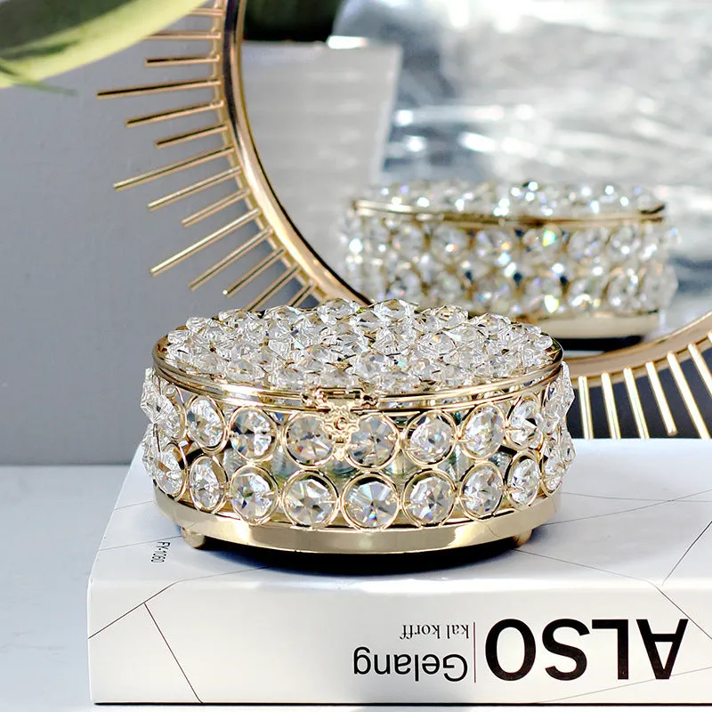 French gold metal jewellery box with transparent crystal glass panels showing jewellery inside
