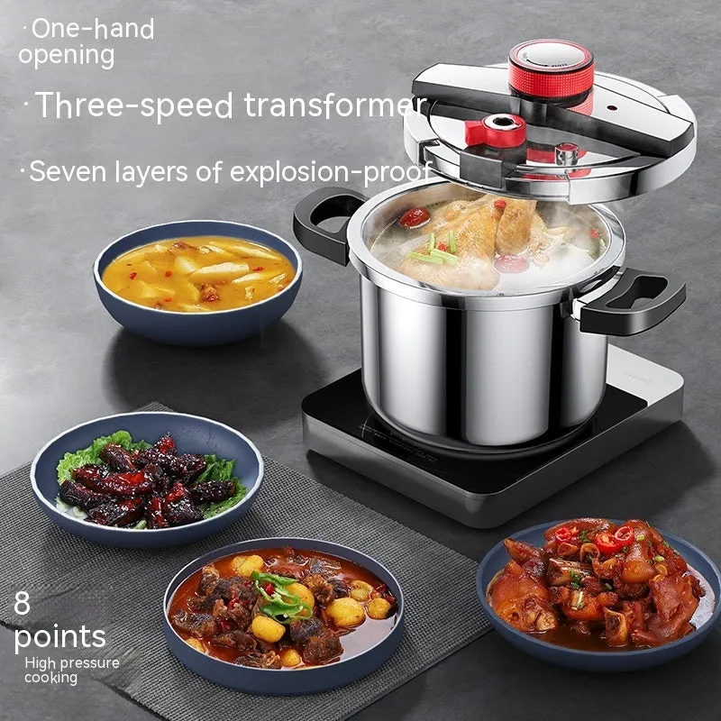 Stainless steel 6 litre pressure cooker with three-speed lid and non-stick interior