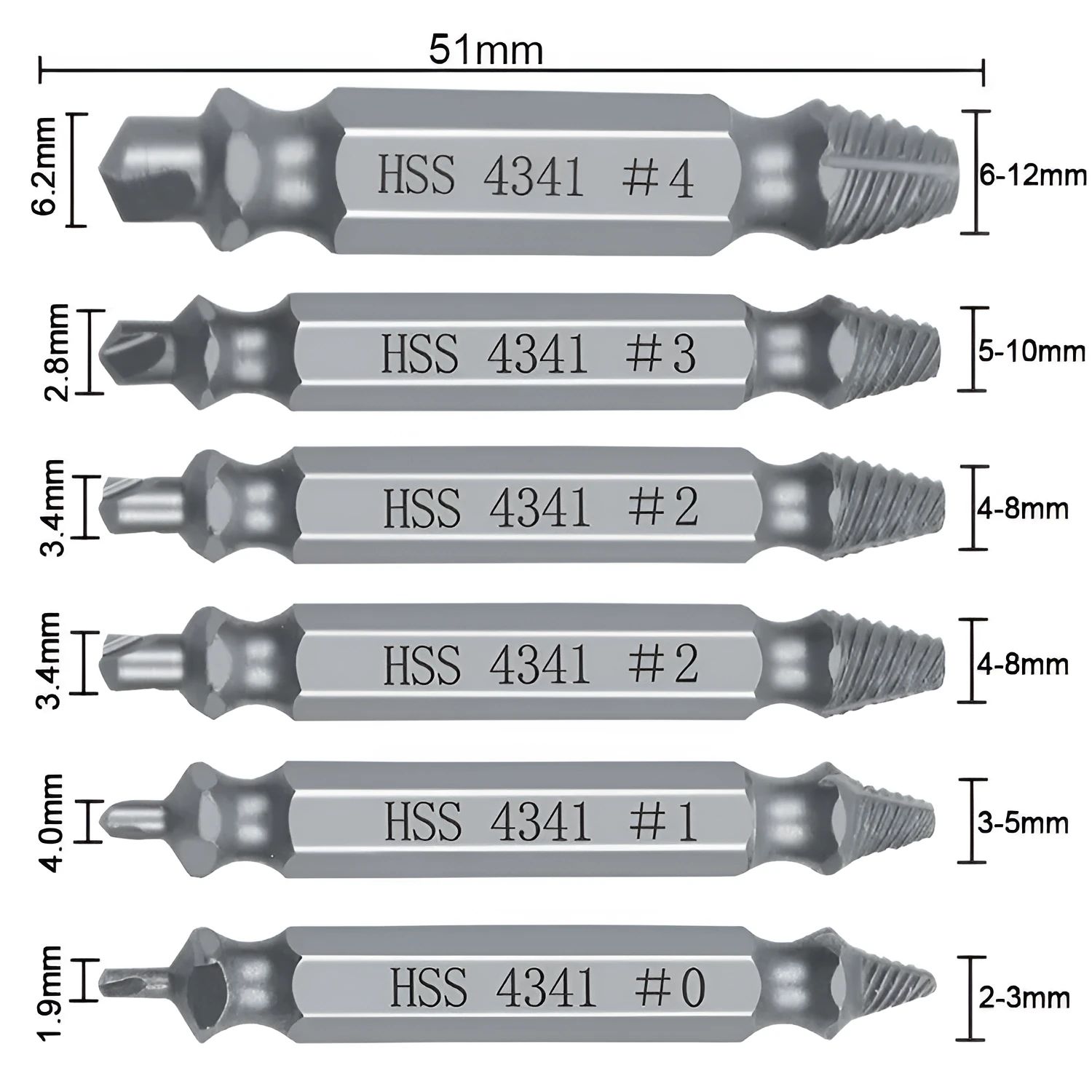 6-piece slip-tooth head screw remover set with high-speed steel construction for stripped screw removal