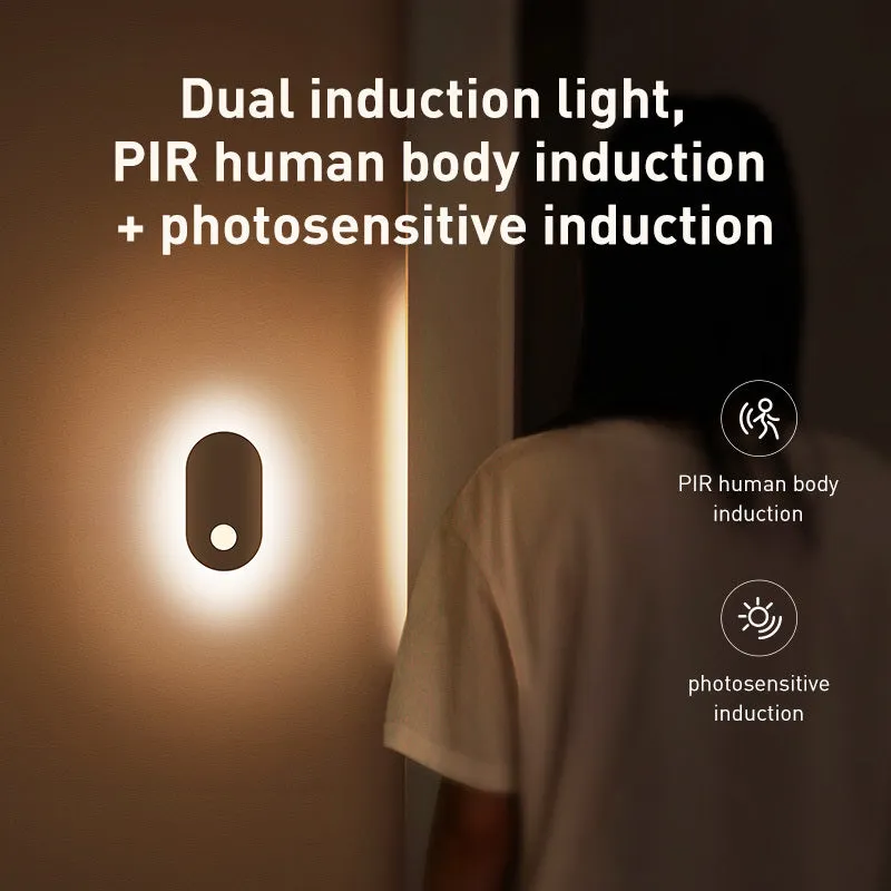 White magnetic human induction night light showing back lighting ring and compact 108x60x22mm size.