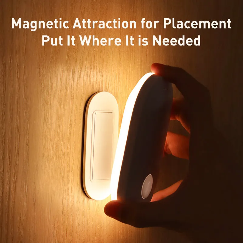 White magnetic human induction night light showing back lighting ring and compact 108x60x22mm size.