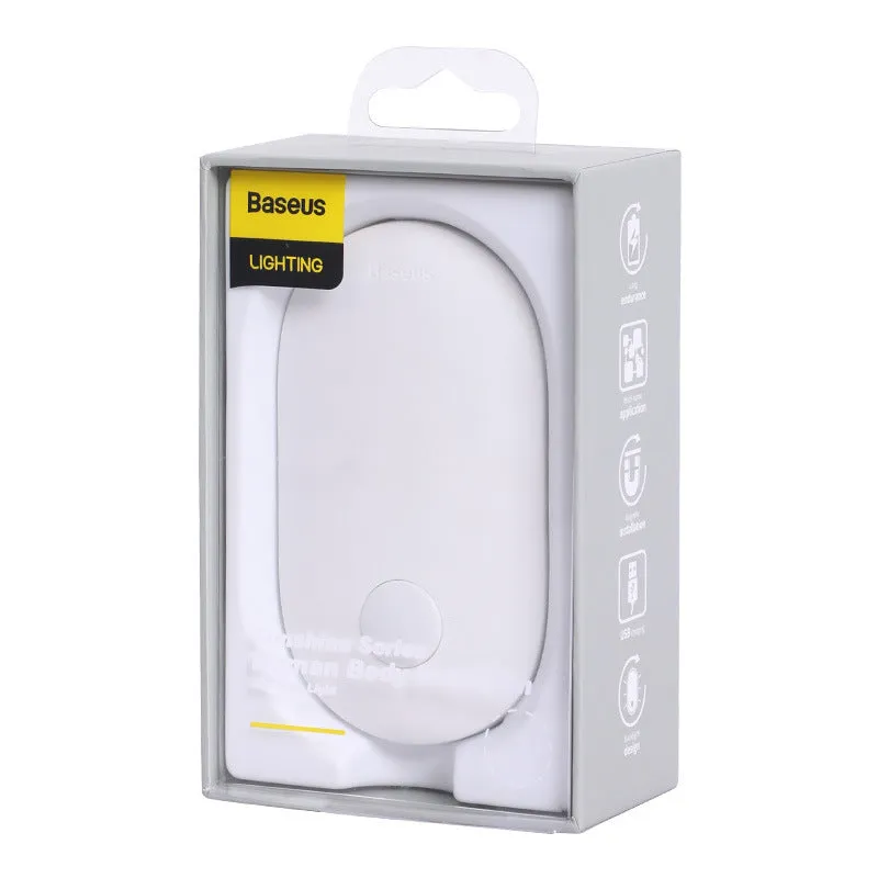 White magnetic human induction night light showing back lighting ring and compact 108x60x22mm size.