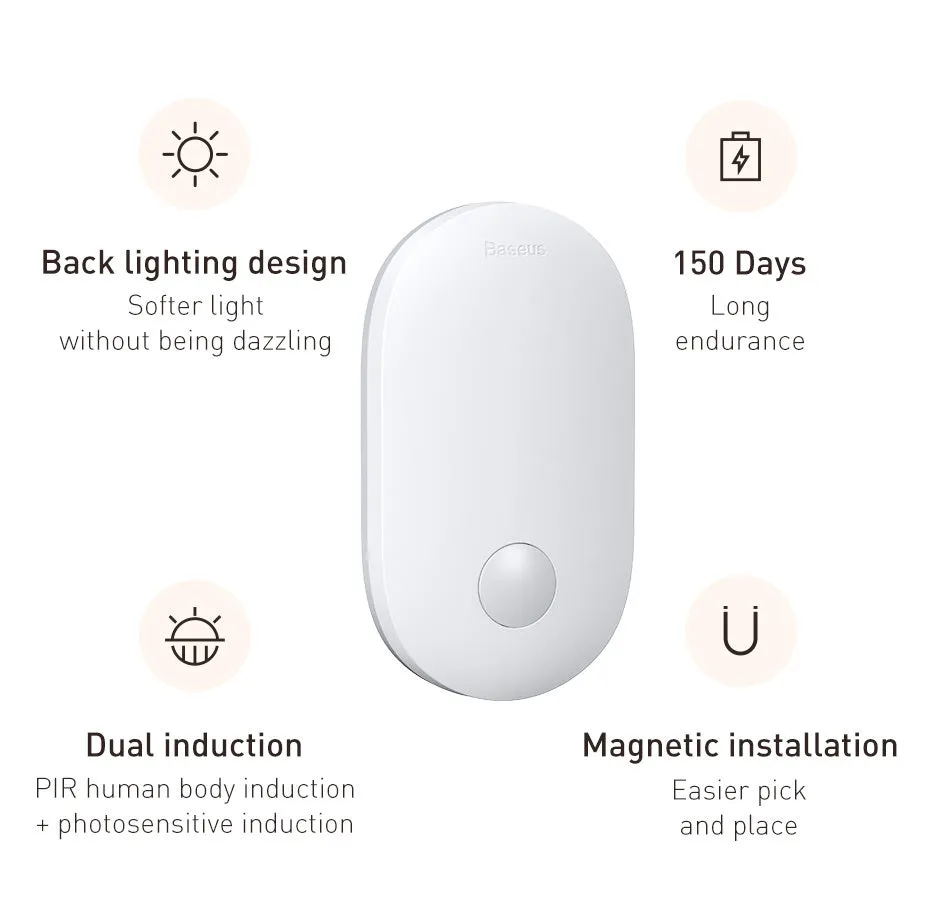 White magnetic human induction night light showing back lighting ring and compact 108x60x22mm size.