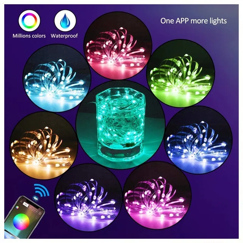 Copper wire curtain light string with smart phone control showing warm white LED lights