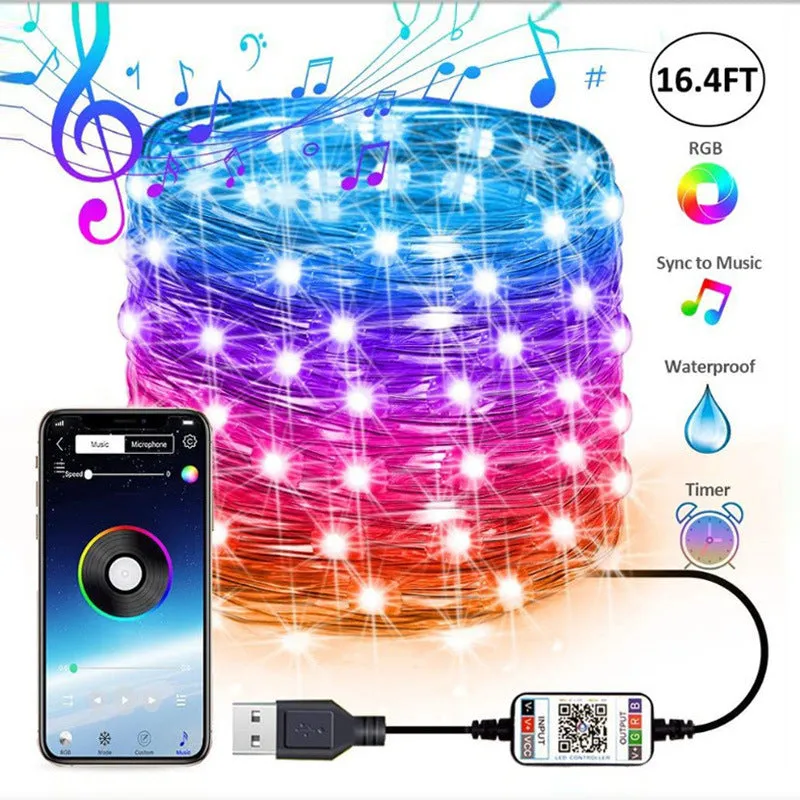 Copper wire curtain light string with smart phone control showing warm white LED lights