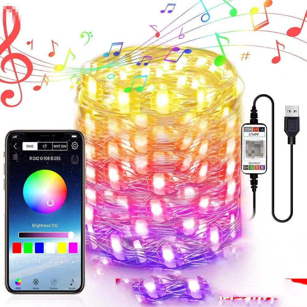 Copper wire curtain light string with smart phone control showing warm white LED lights