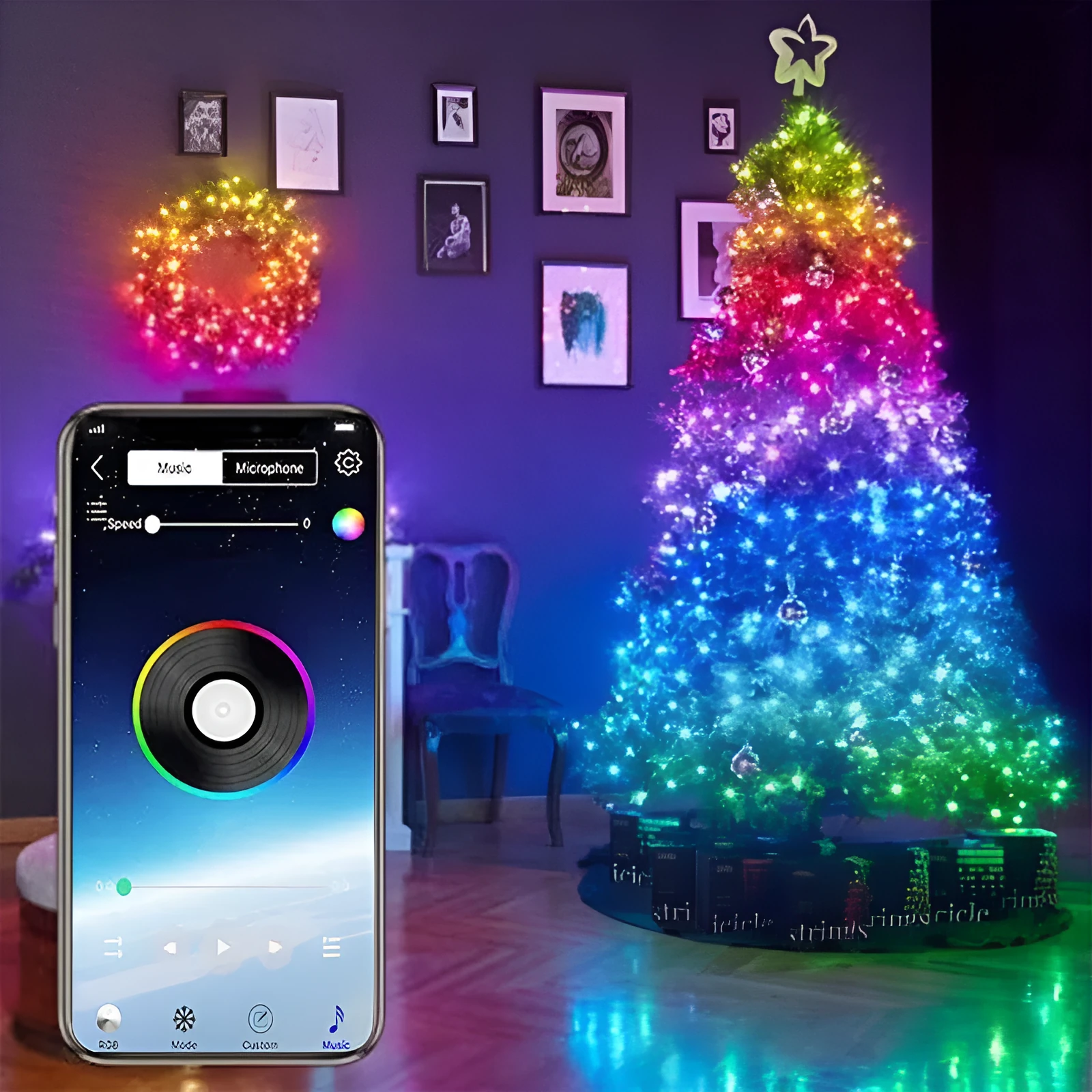 Copper wire curtain light string with smart phone control showing warm white LED lights