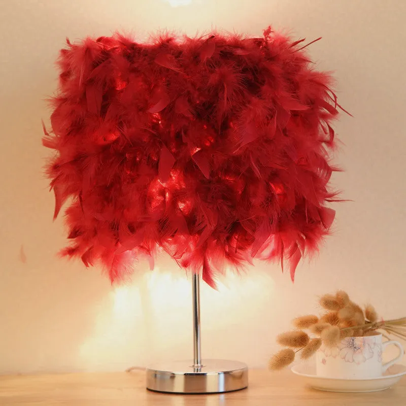 Feather bedside night light with fur shade and push button switch in pink colour option