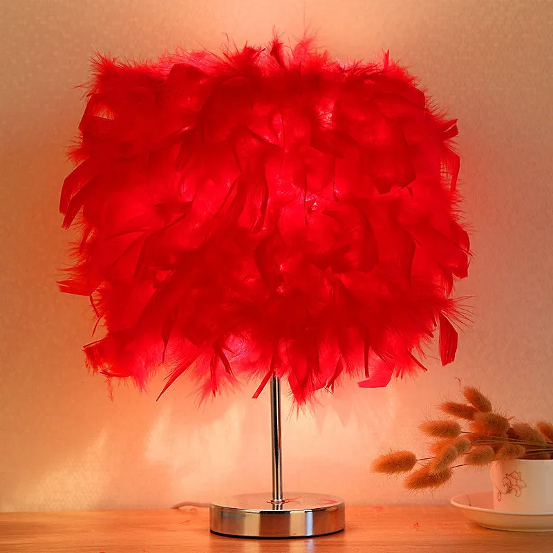 Feather bedside night light with fur shade and push button switch in pink colour option