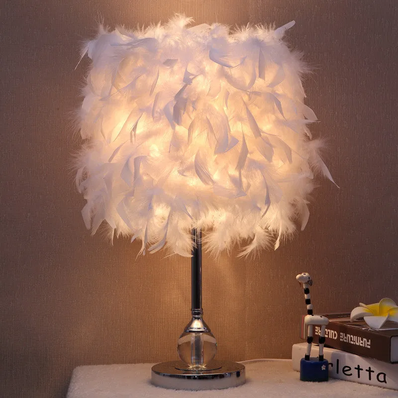 Feather bedside night light with fur shade and push button switch in pink colour option