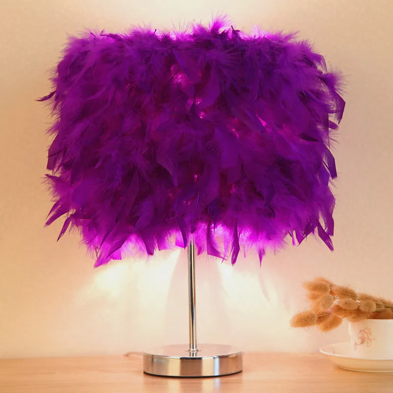 Feather bedside night light with fur shade and push button switch in pink colour option