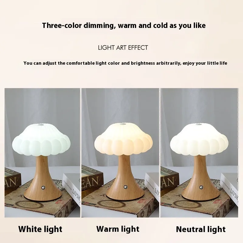 Mushroom lamp with touch control and USB charging in wood grain, white, cream, grey, or black colour