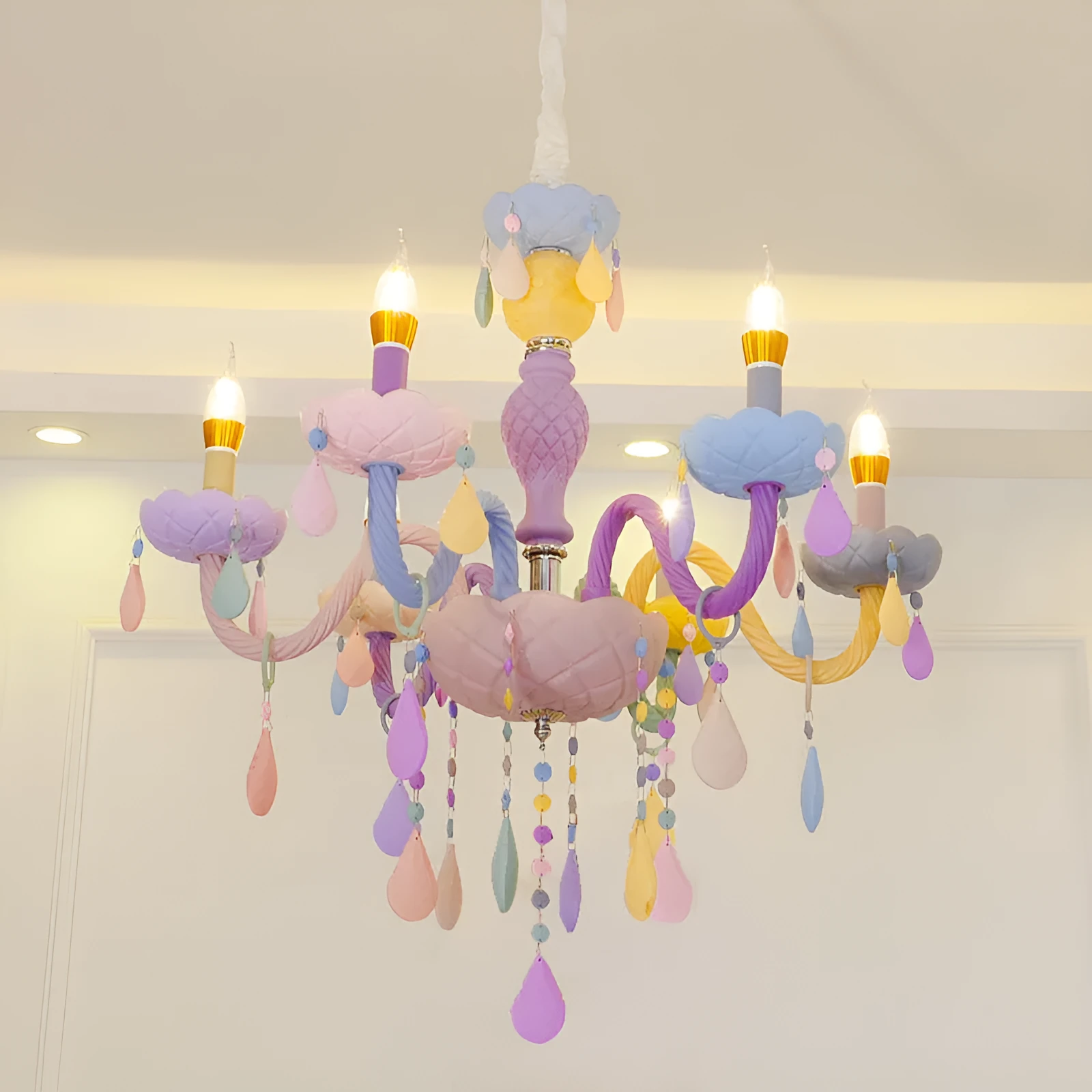 Macaron Crystal glass pendant lamp with 450mm diameter, multi-head design for bedroom ceiling lighting