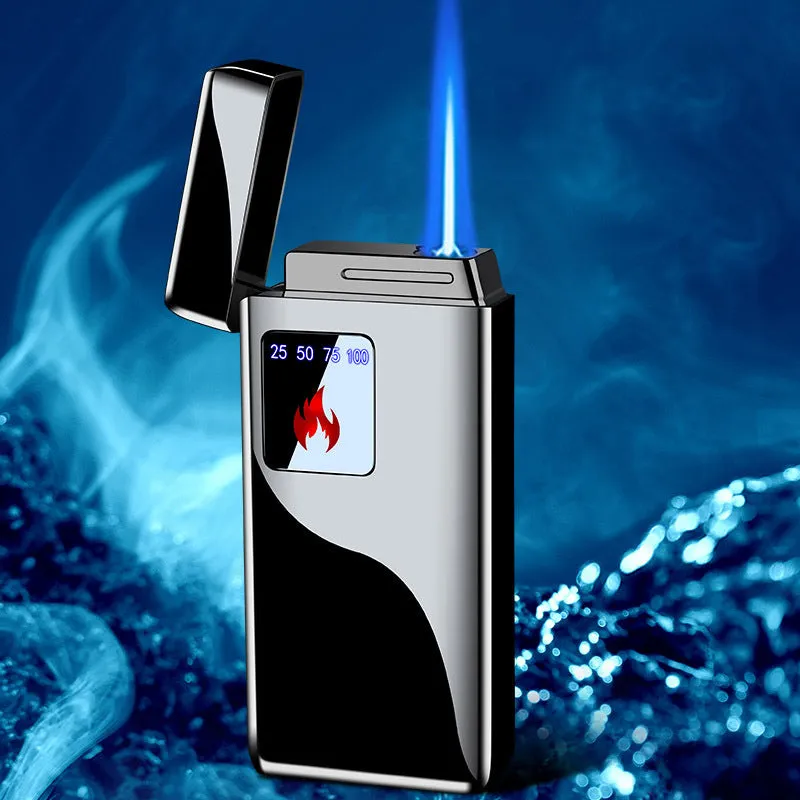 Touch-screen charging electronic lighter in alloy with adjustable flame control.